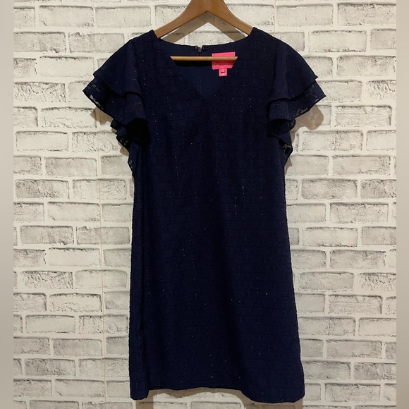 Lilly Pulitzer Kathie dress navy blue metallic ruffle sleeves v-neck Size 2 - Picture 2 of 5
